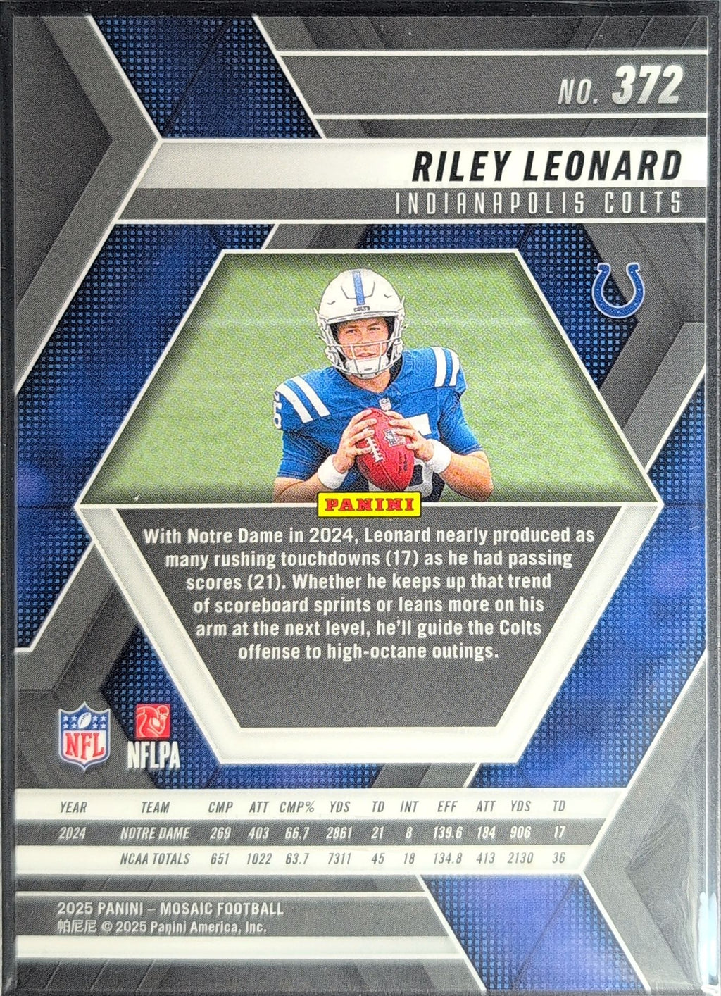 2025 Panini Mosaic Riley Leonard #372 RC Indianapolis Colts back