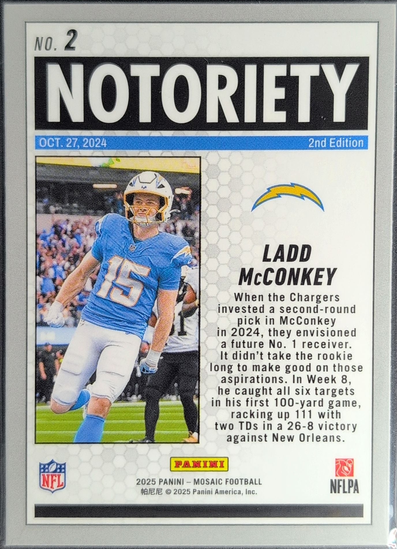 2025 Panini Mosaic Ladd McConkey #2 Notoriety Los Angeles Chargers back