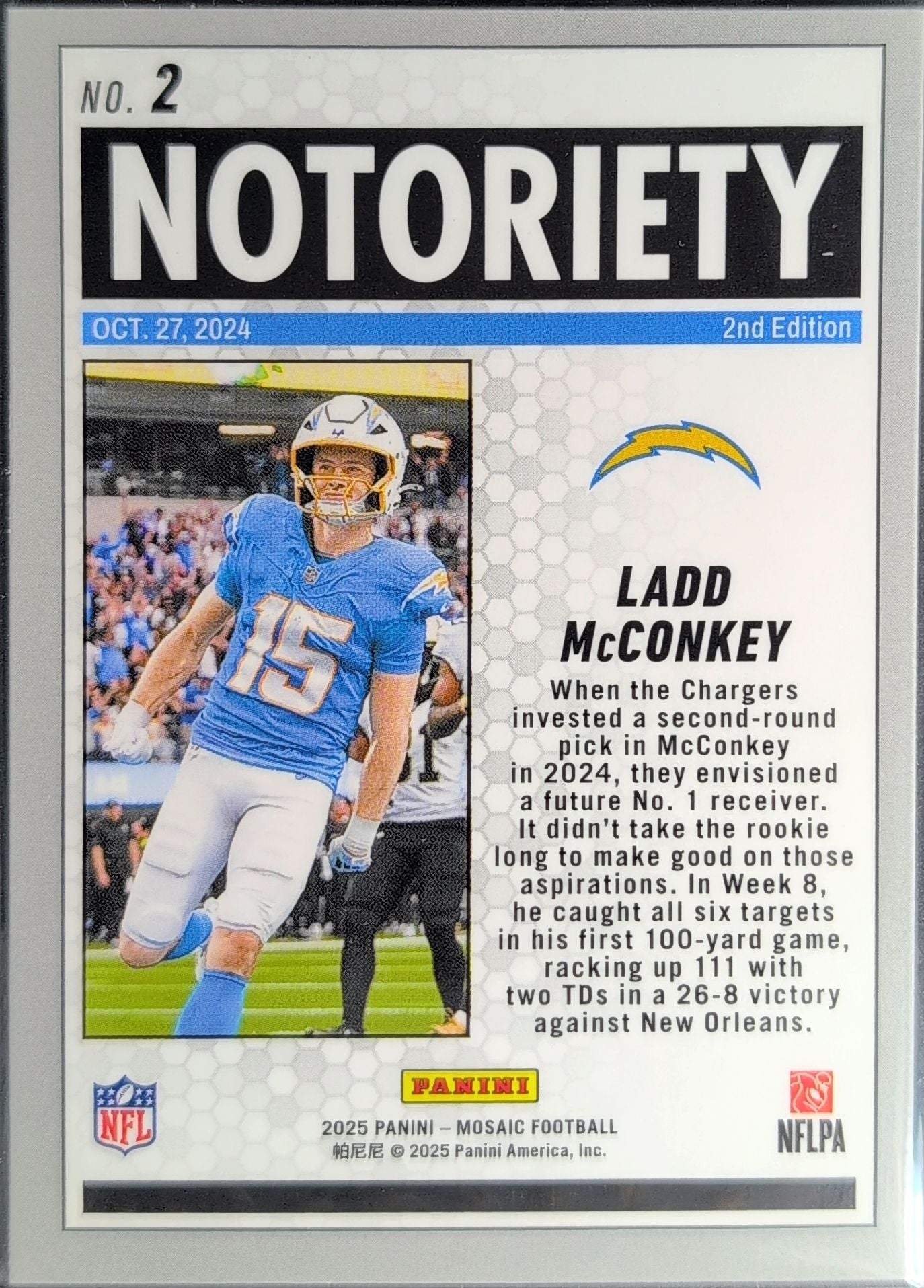 2025 Panini Mosaic Ladd McConkey #2 Notoriety Mosaic Los Angeles Chargers back