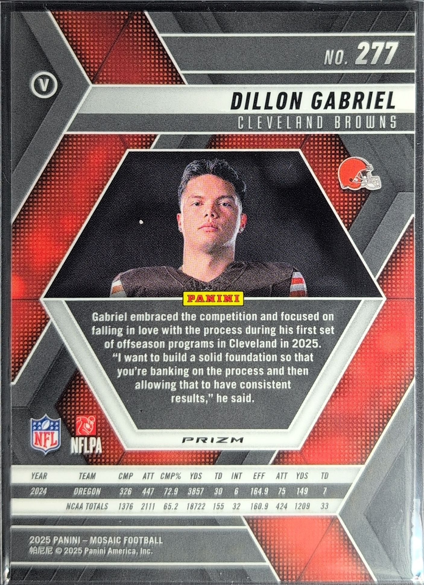 Dillon Gabriel 2025 Panini Mosaic #277 Mosaic Reactive Yellow Rookie RC Cleveland Browns - back image