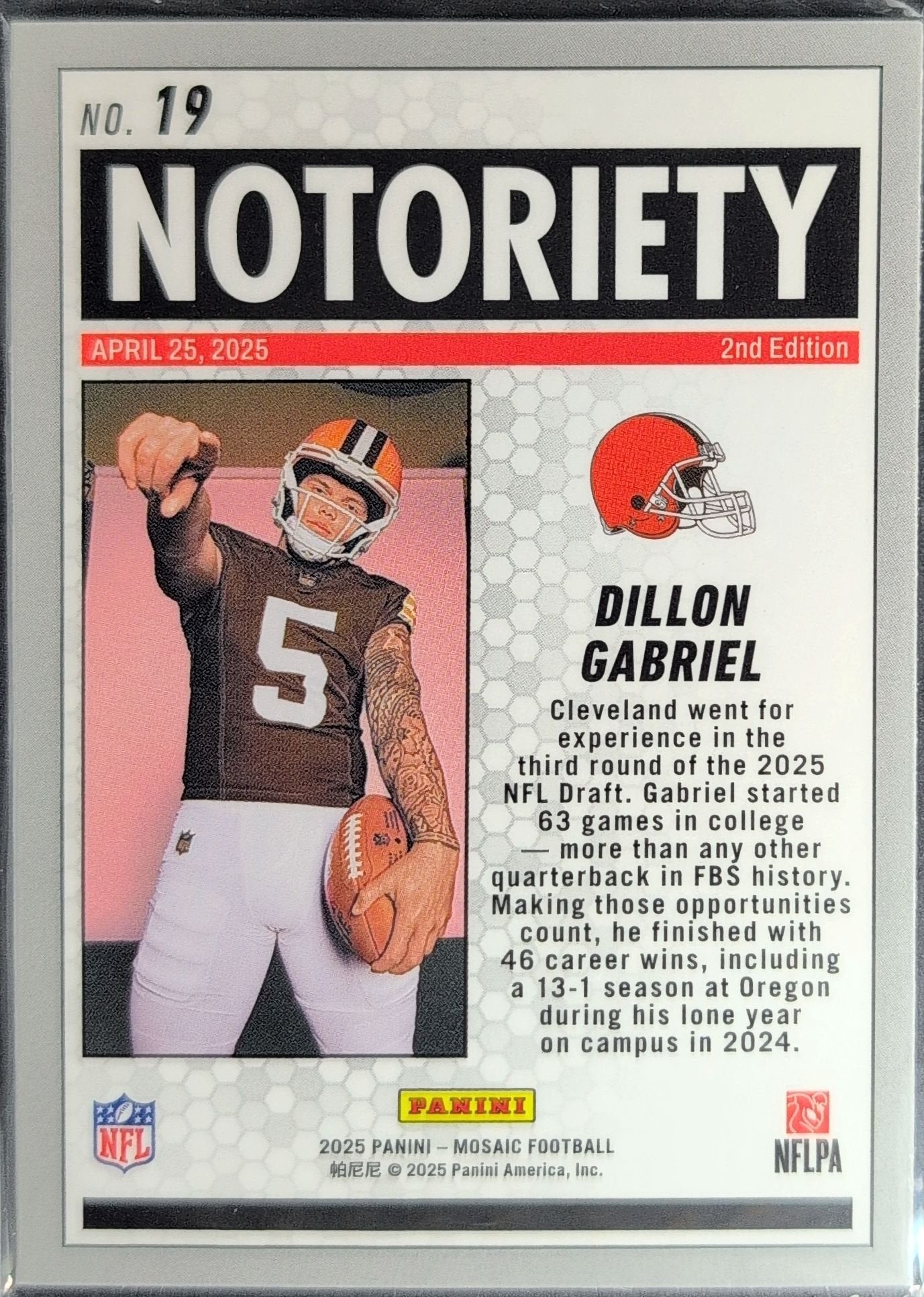 Dillon Gabriel 2025 Panini Mosaic #19 Notoriety Cleveland Browns - back image