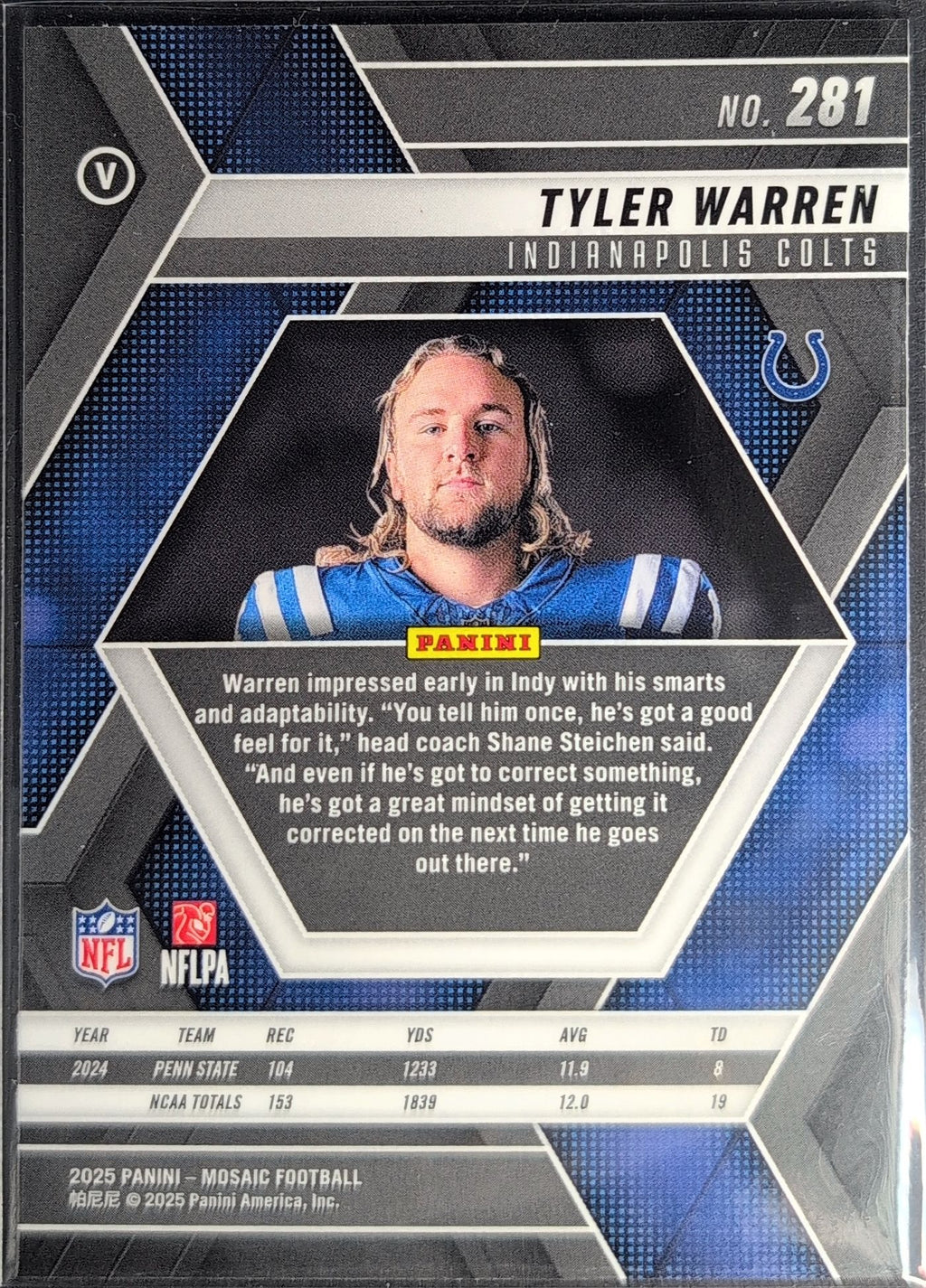 2025 Panini Mosaic Tyler Warren #281 RC Indianapolis Colts back