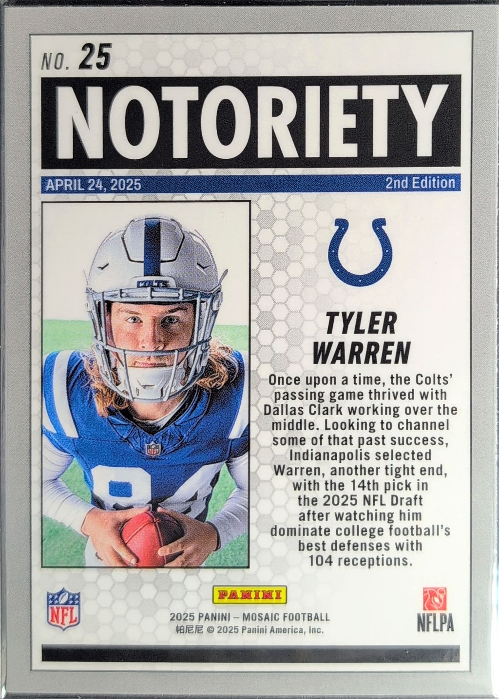 2025 Panini Mosaic Tyler Warren #25 Notoriety Indianapolis Colts back