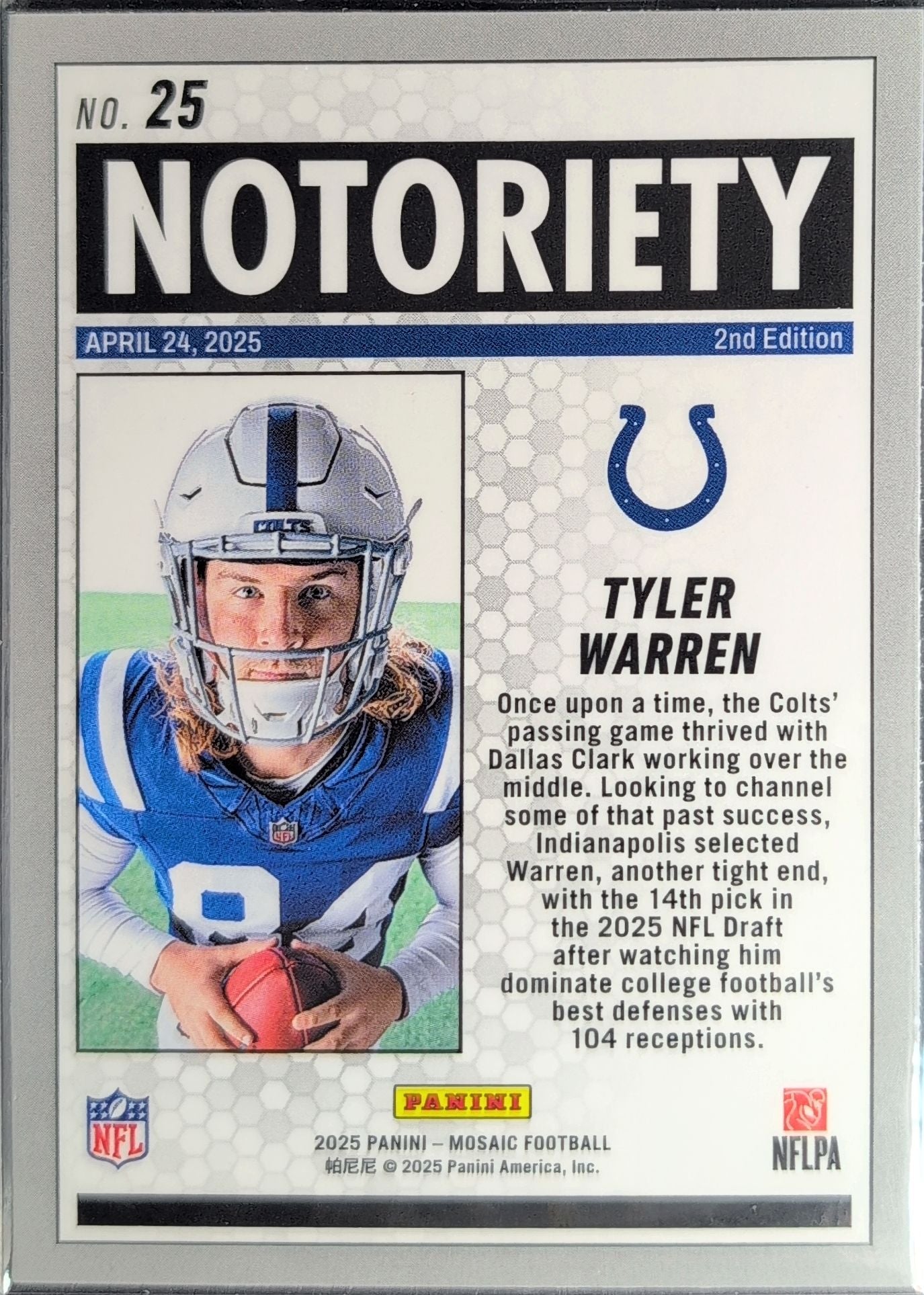 2025 Panini Mosaic Tyler Warren #25 Notoriety Indianapolis Colts back