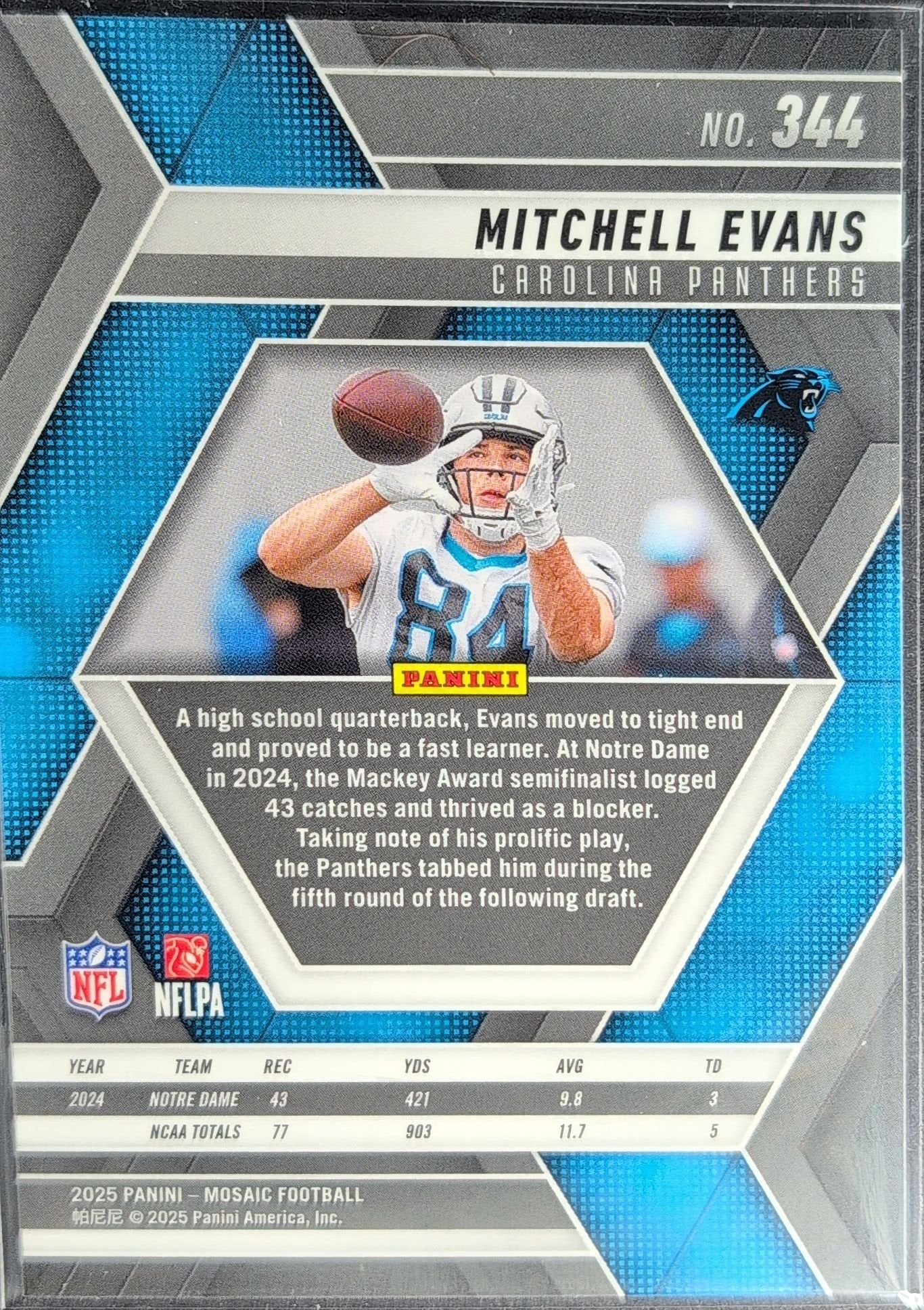 Mitchell Evans 2025 Panini Mosaic #344 Rookie RC Carolina Panthers - back image