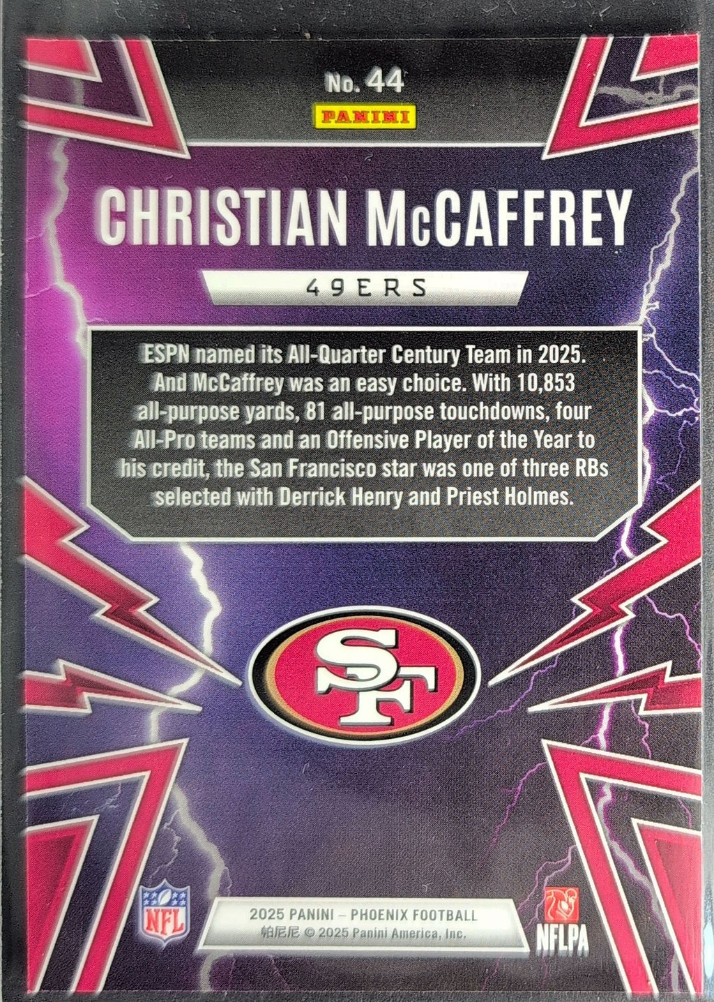 2025 Panini Phoenix Christian McCaffrey #44 Thunderbirds San Francisco 49ers back