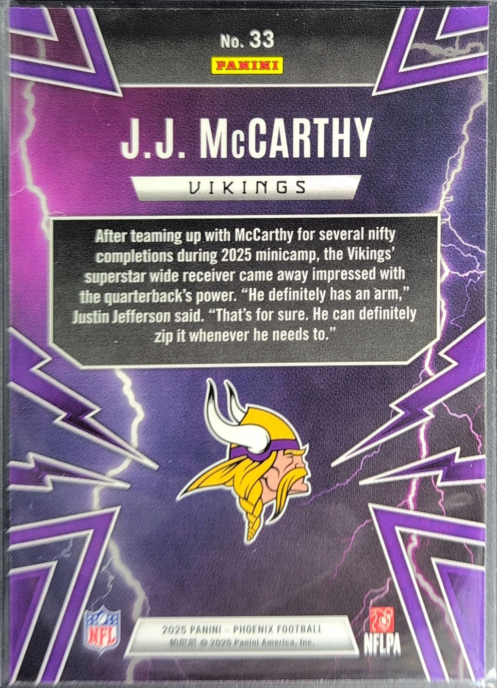 2025 Panini Phoenix J.J. McCarthy #33 Thunderbirds Minnesota Vikings back