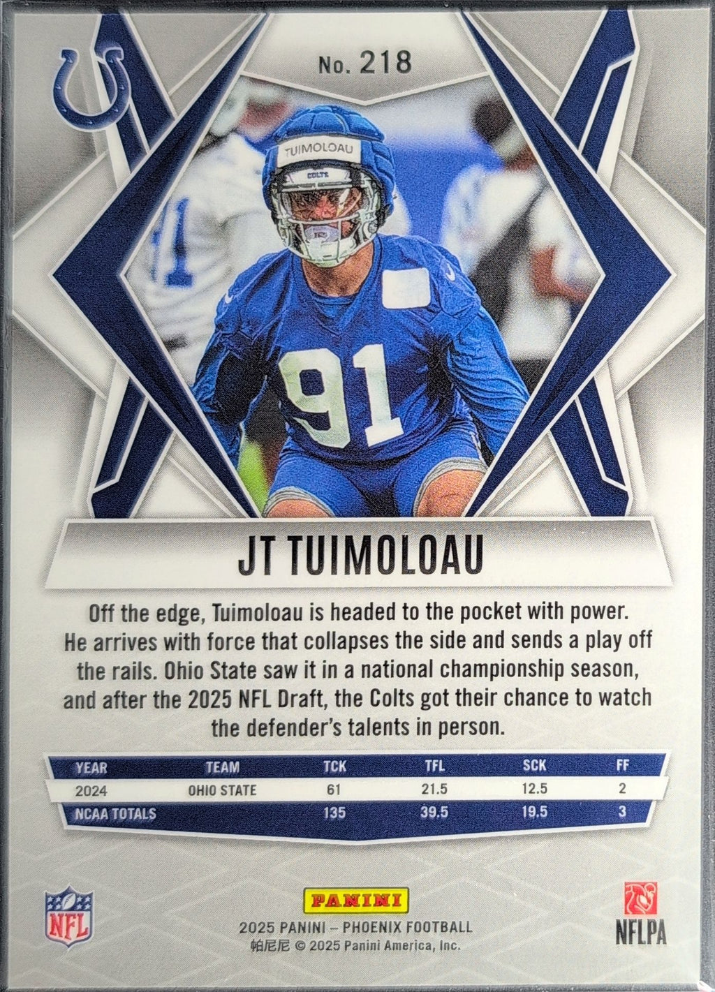 2025 Panini Phoenix JT Tuimoloau #218 Silver Seismic Prizm RC Indianapolis Colts back