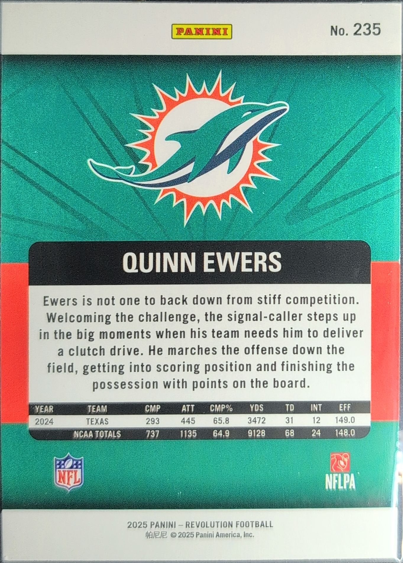 Quinn Ewers 2025 Panini Revolution #235 Rookie RC Miami Dolphins - back image