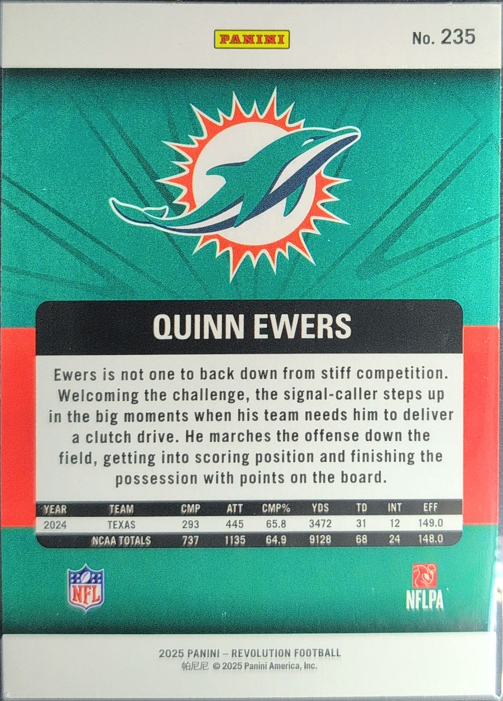2025 Panini Revolution Quinn Ewers #235 RC Miami Dolphins back
