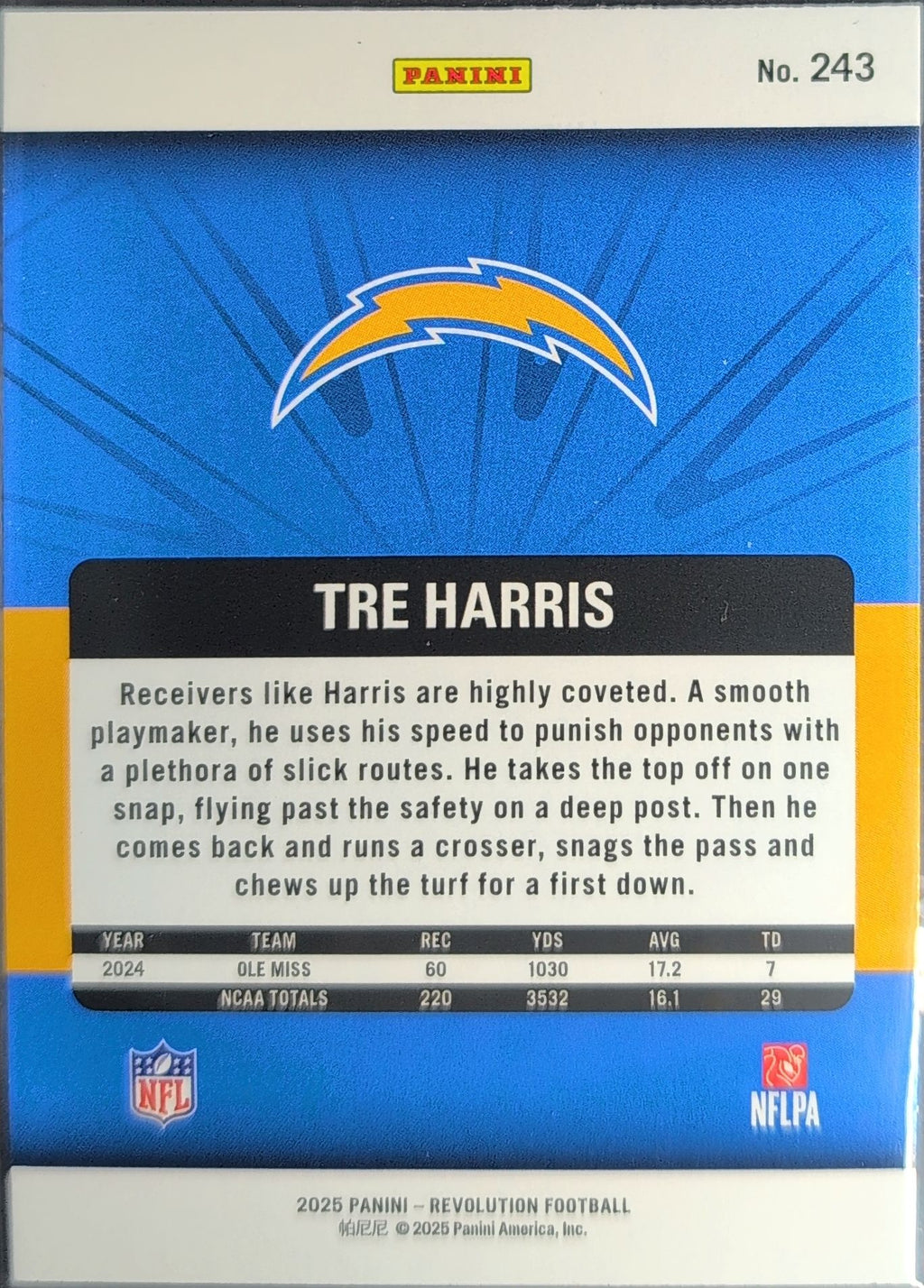 2025 Panini Revolution Tre Harris #243 RC Los Angeles Chargers back