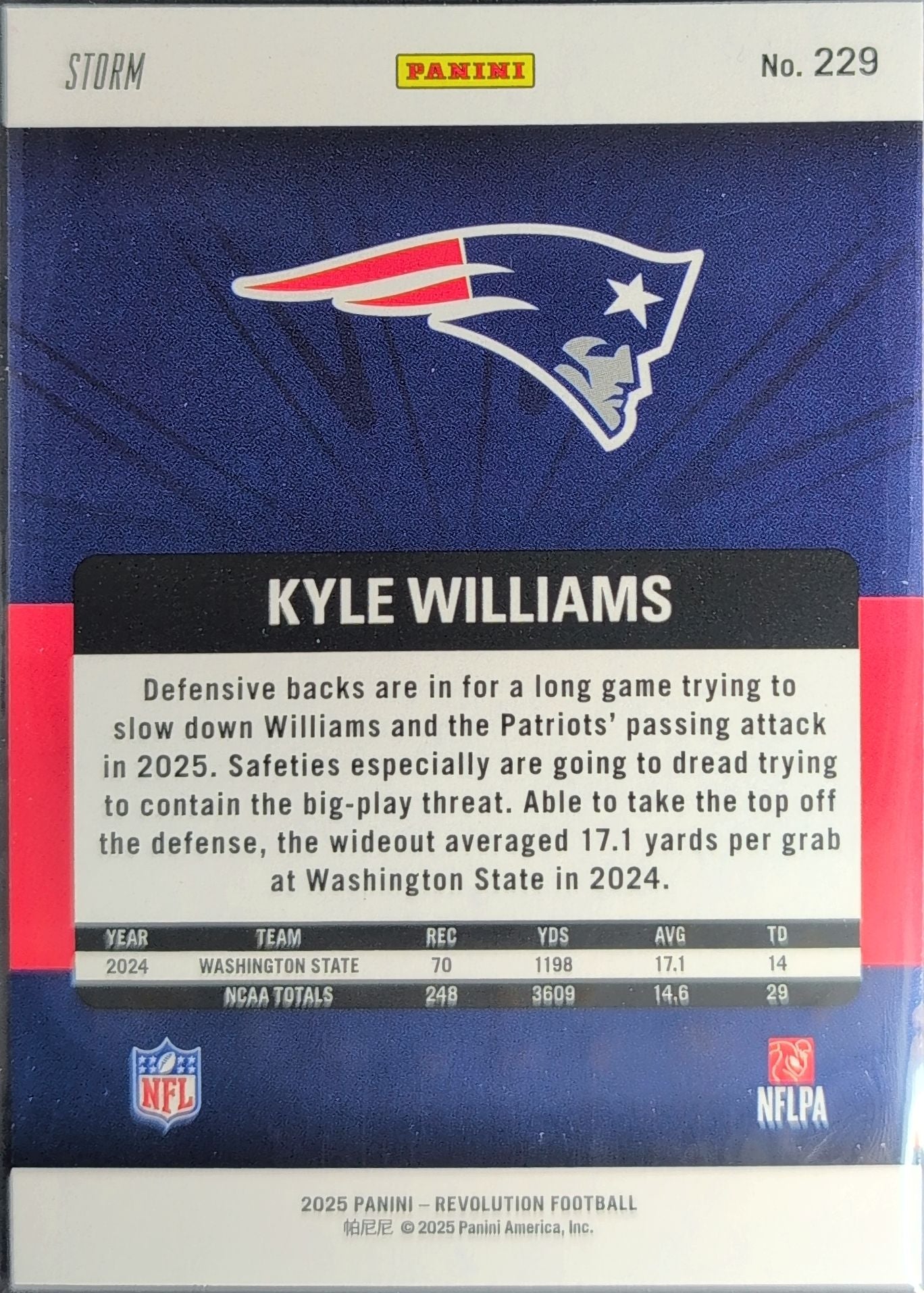2025 Panini Revolution Kyle Williams #229 Blue Storm SN New England Patriots back