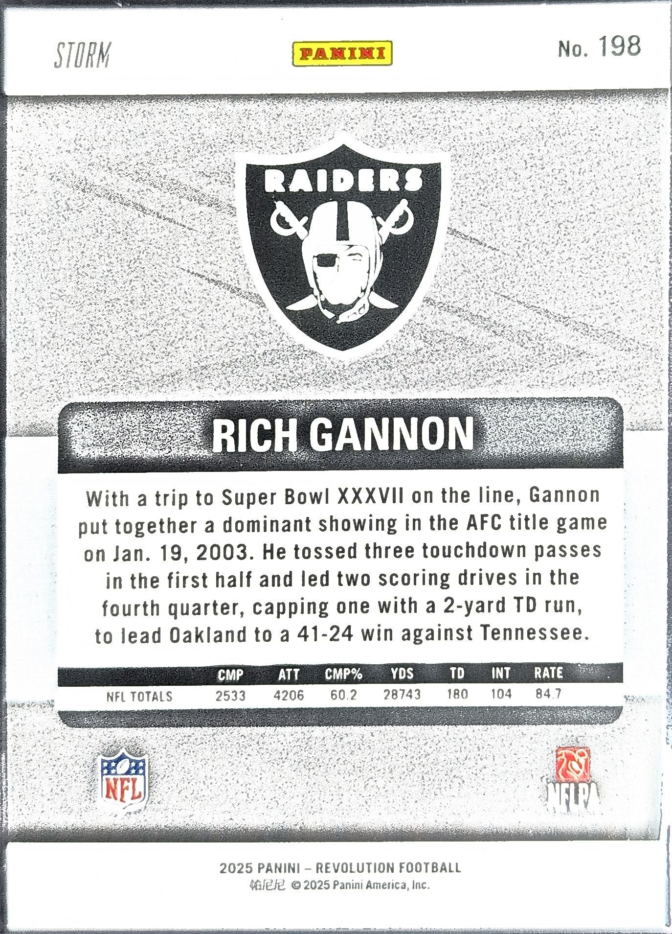 2025 Panini Revolution Rich Gannon #198 Red Storm Oakland Raiders back