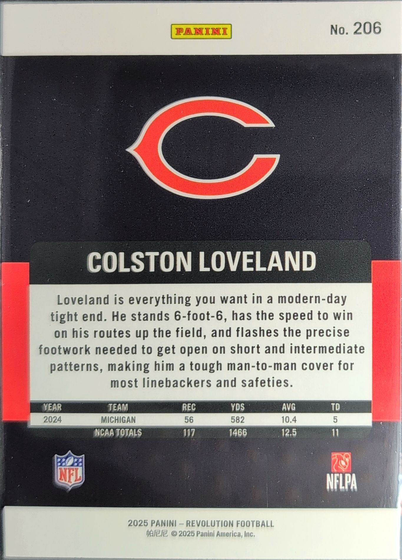 2025 Panini Revolution Colston Loveland #206 RC Chicago Bears back