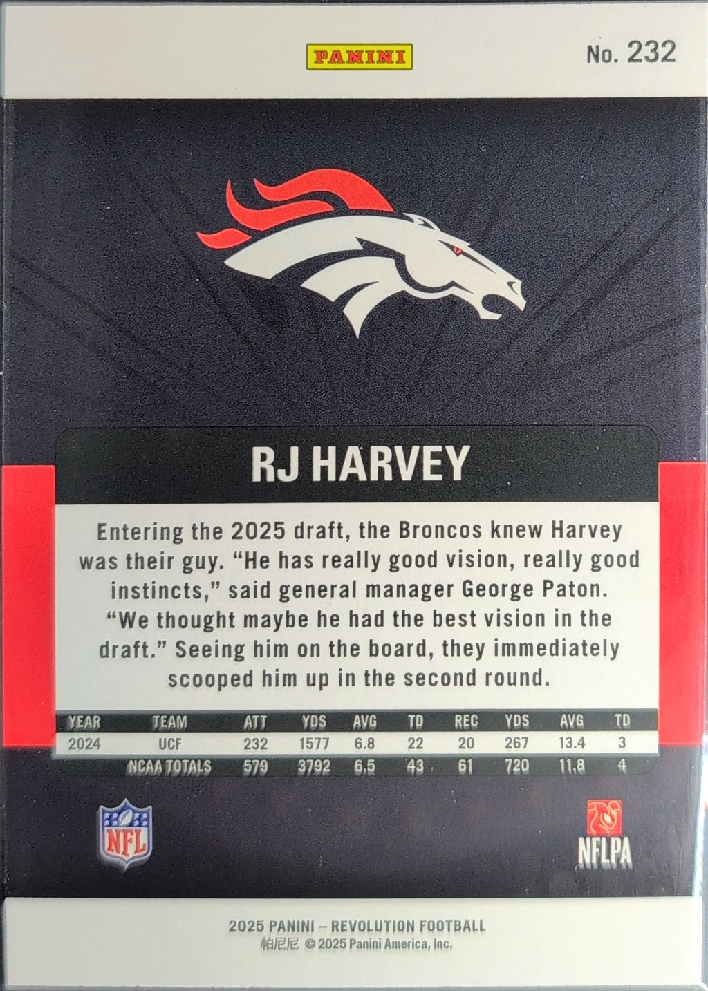2025 Panini Revolution RJ Harvey #232 RC Denver Broncos back
