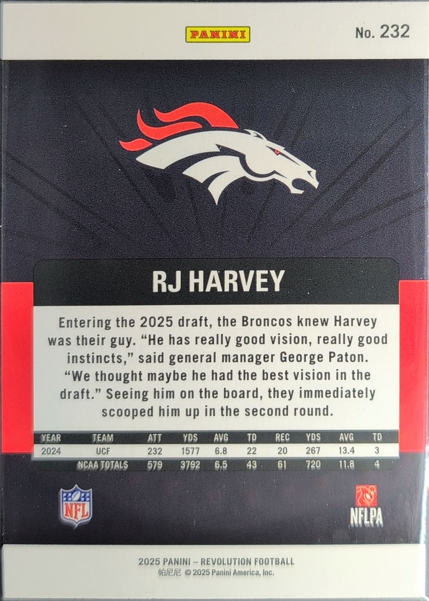 2025 Panini Revolution RJ Harvey #232 RC Denver Broncos back