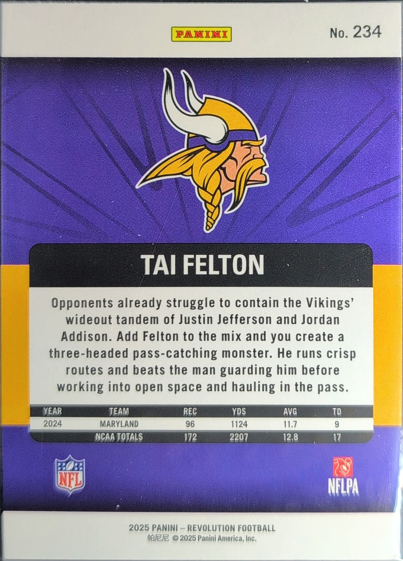 2025 Panini Revolution Tai Felton #234 RC Minnesota Vikings back