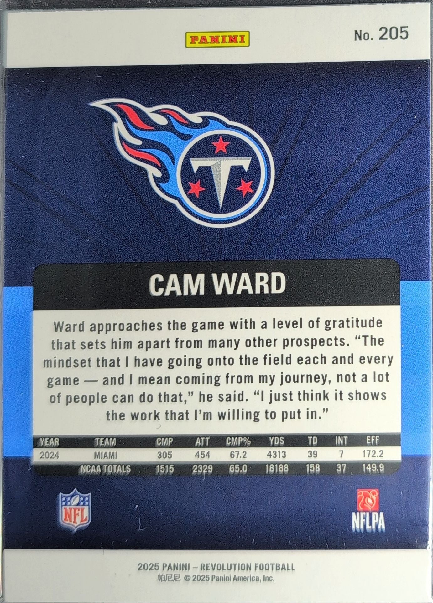 2025 Panini Revolution Cam Ward #205 RC Tennessee Titans back