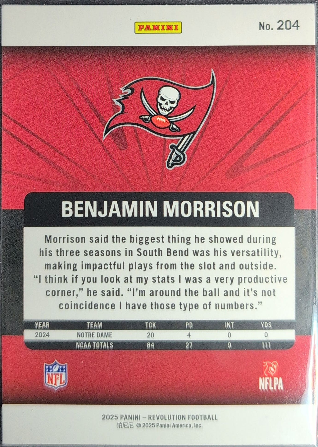 2025 Panini Revolution Benjamin Morrison #204 RC Tampa Bay Buccaneers back