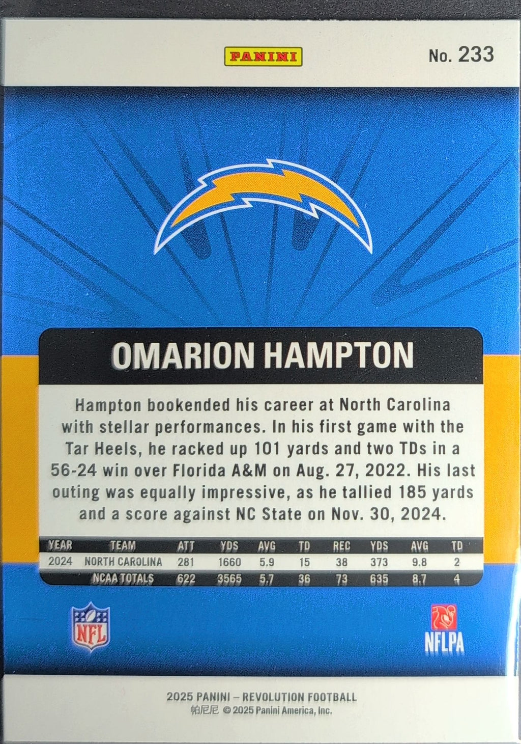 2025 Panini Revolution Omarion Hampton #233 RC Los Angeles Chargers back