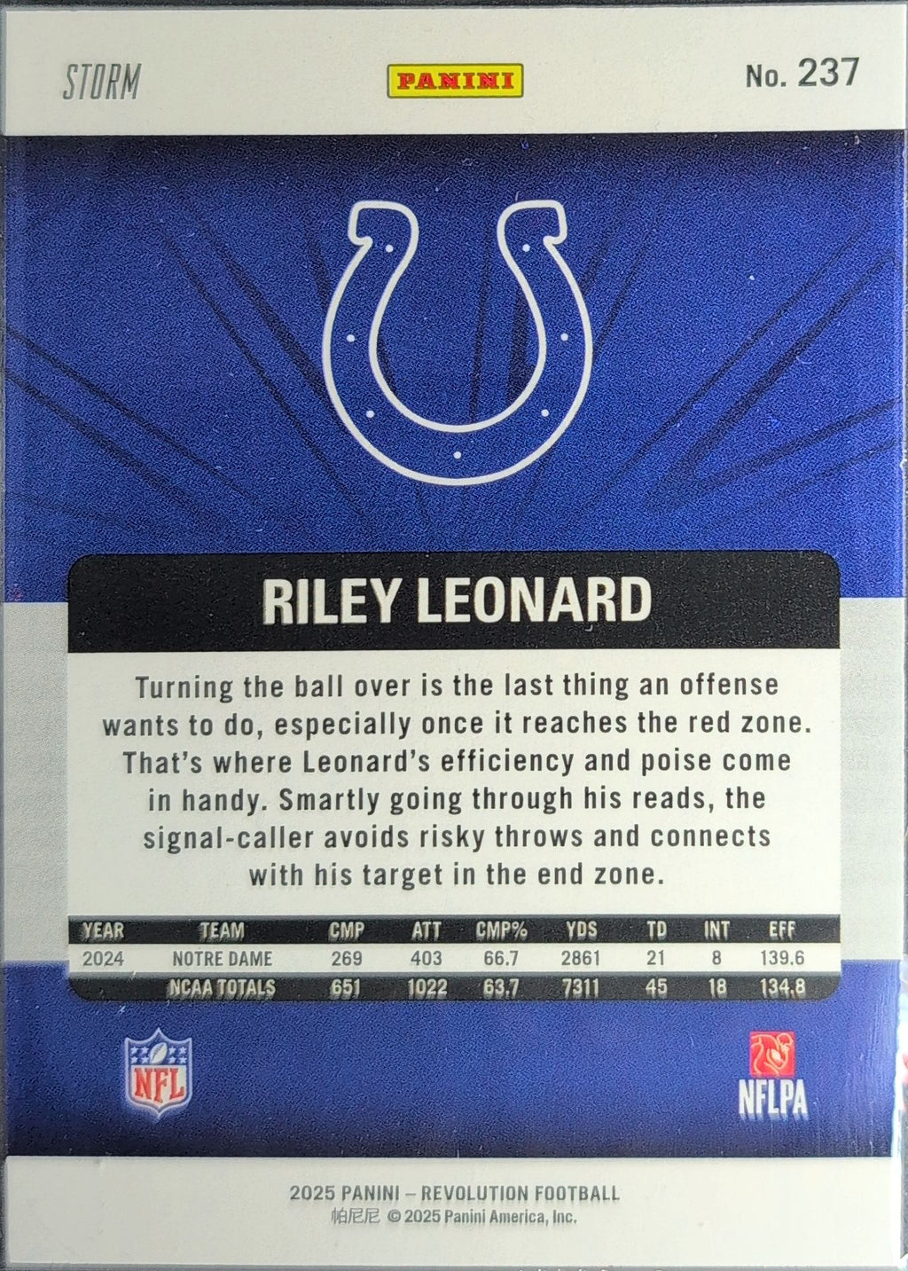 2025 Panini Revolution Riley Leonard #237 Red Storm Indianapolis Colts back