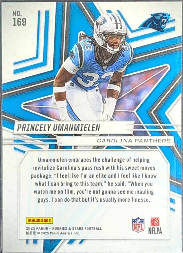 Princely Umanmielen 2025 Panini Rookies & Stars #169 Red Rookie RC Carolina Panthers - back image