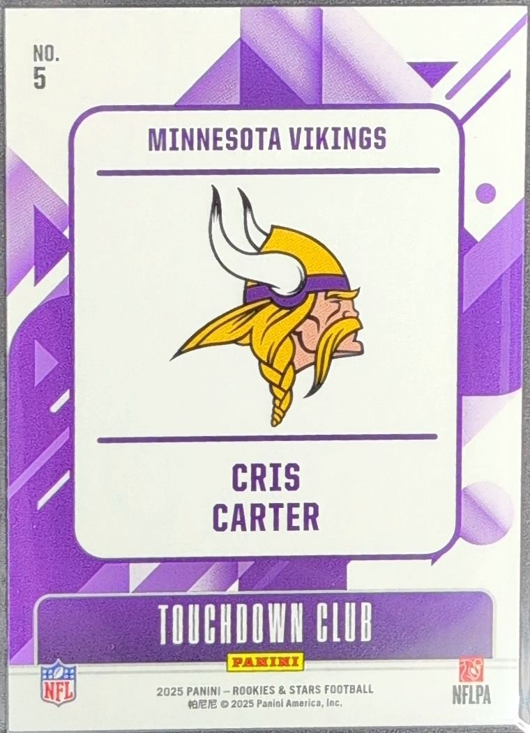 Cris Carter 2025 Panini Rookies & Stars #5 Touchdown Club Minnesota Vikings - back image
