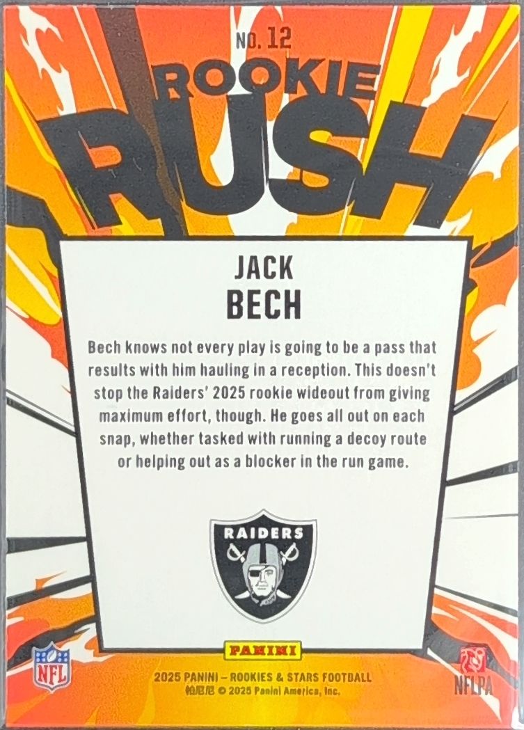 2025 Panini Rookies & Stars Jack Bech #12 Rookie Rush Las Vegas Raiders back