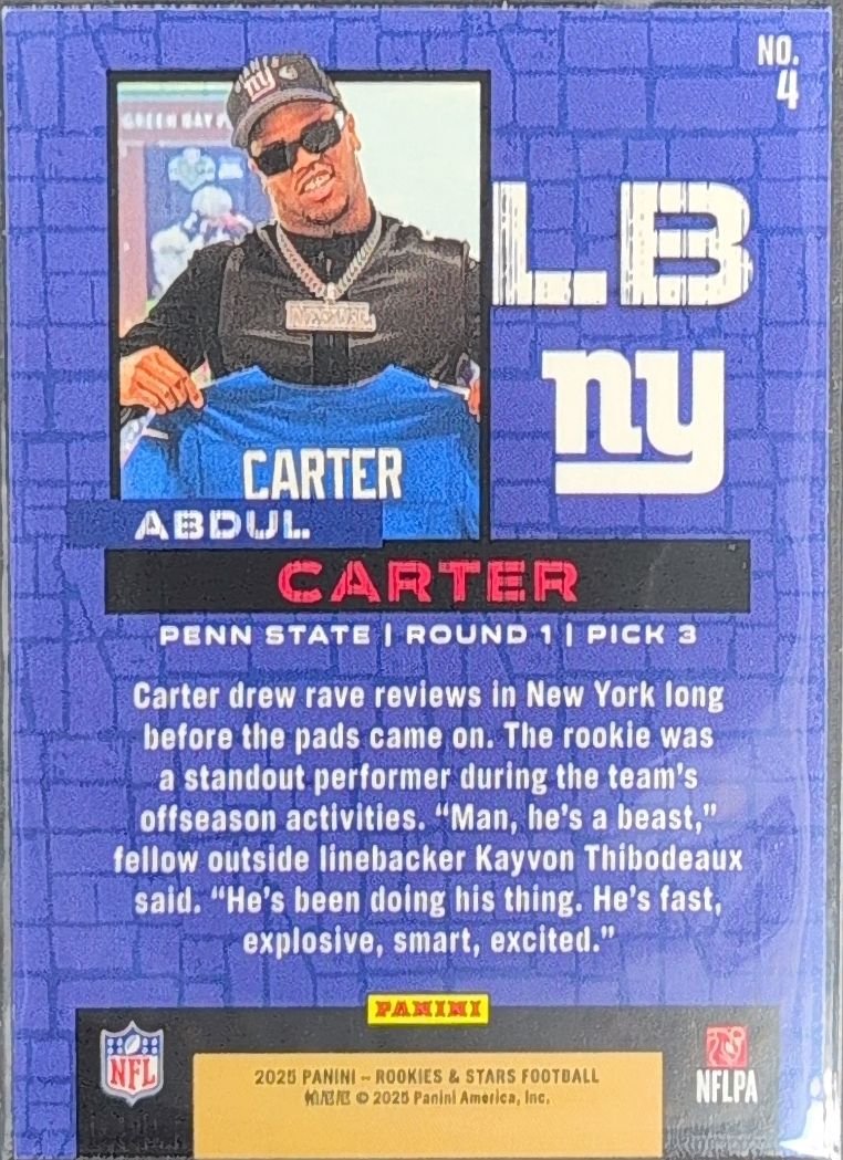 Abdul Carter 2025 Panini Rookies & Stars #4 Draft Class New York Giants - back image