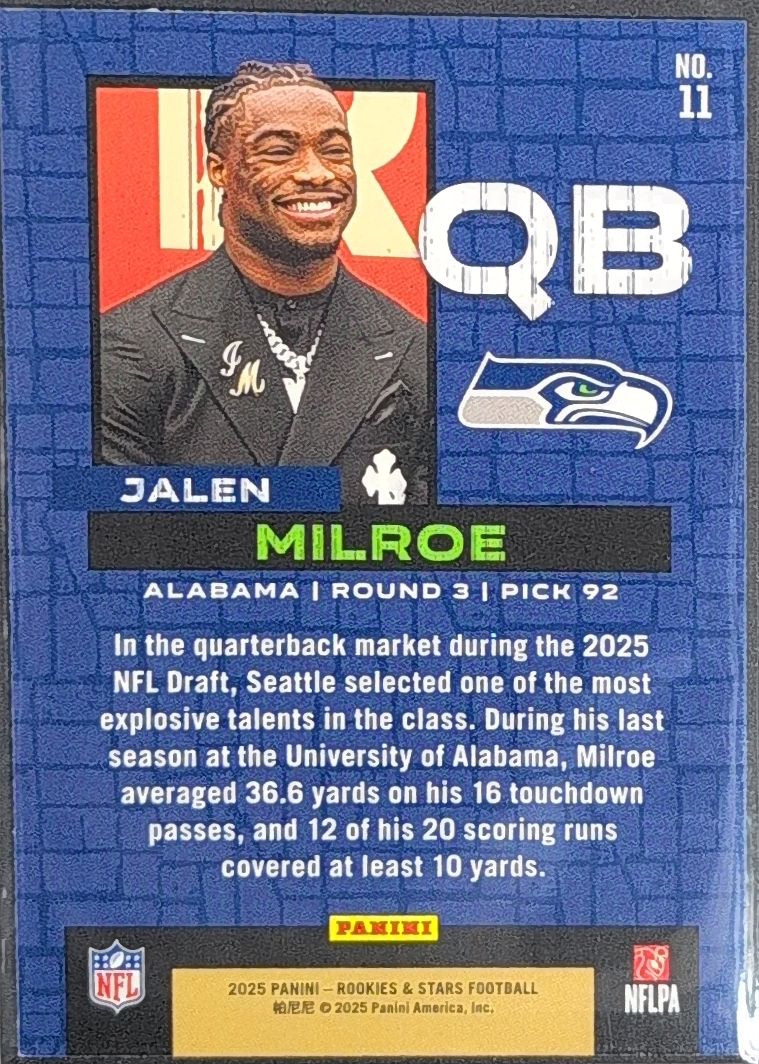 Jalen Milroe 2025 Panini Rookies & Stars #11 Draft Class Seattle Seahawks