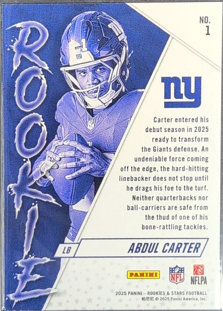 Abdul Carter 2025 Panini Rookies & Stars #1 Rookie Exclusive New York Giants - back image