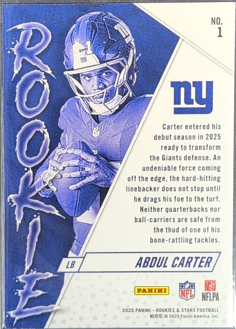2025 Panini Rookies & Stars Abdul Carter #1 Rookie Exclusive New York Giants back