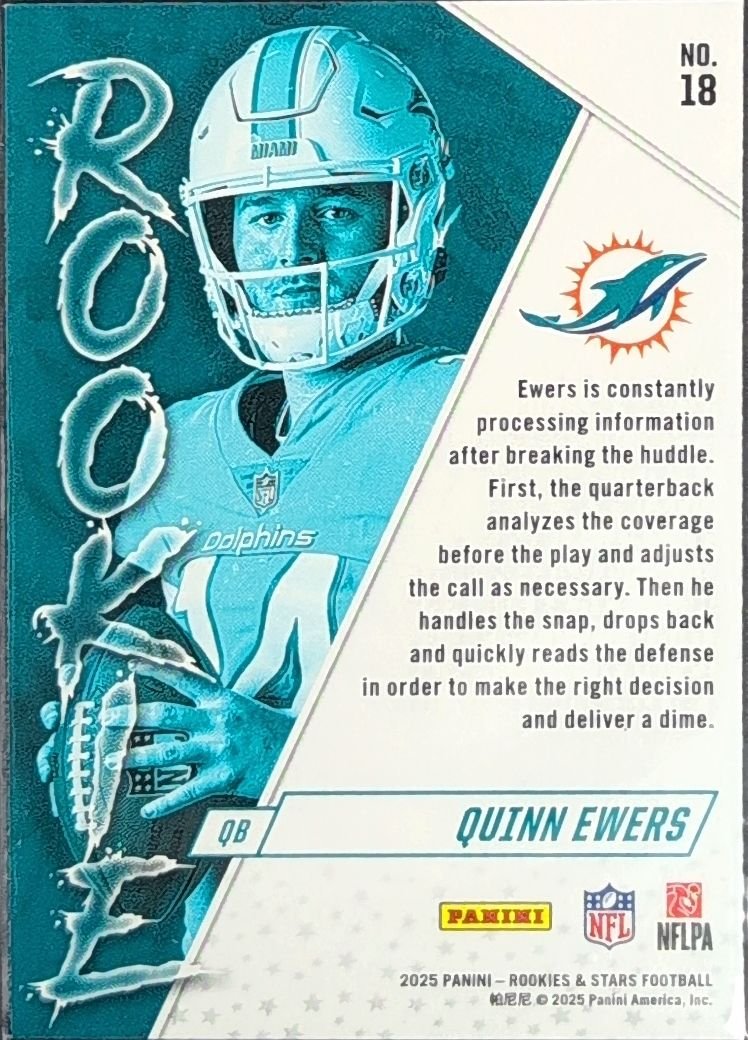 Quinn Ewers 2025 Panini Rookies & Stars #18 Rookie Exclusive Miami Dolphins - back image