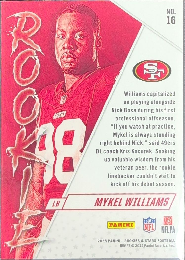 2025 Panini Rookies & Stars Mykel Williams #16 Rookie Exclusive San Francisco 49ers back