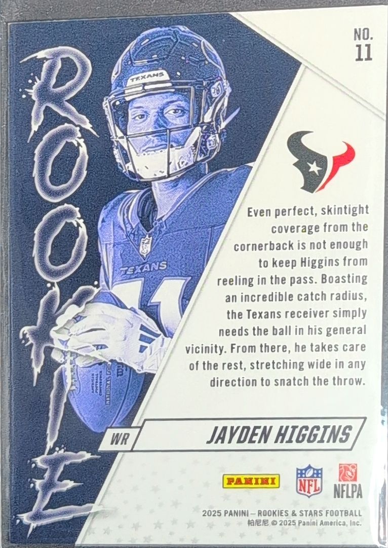 2025 Panini Rookies & Stars Jayden Higgins #11 Rookie Exclusive Houston Texans back