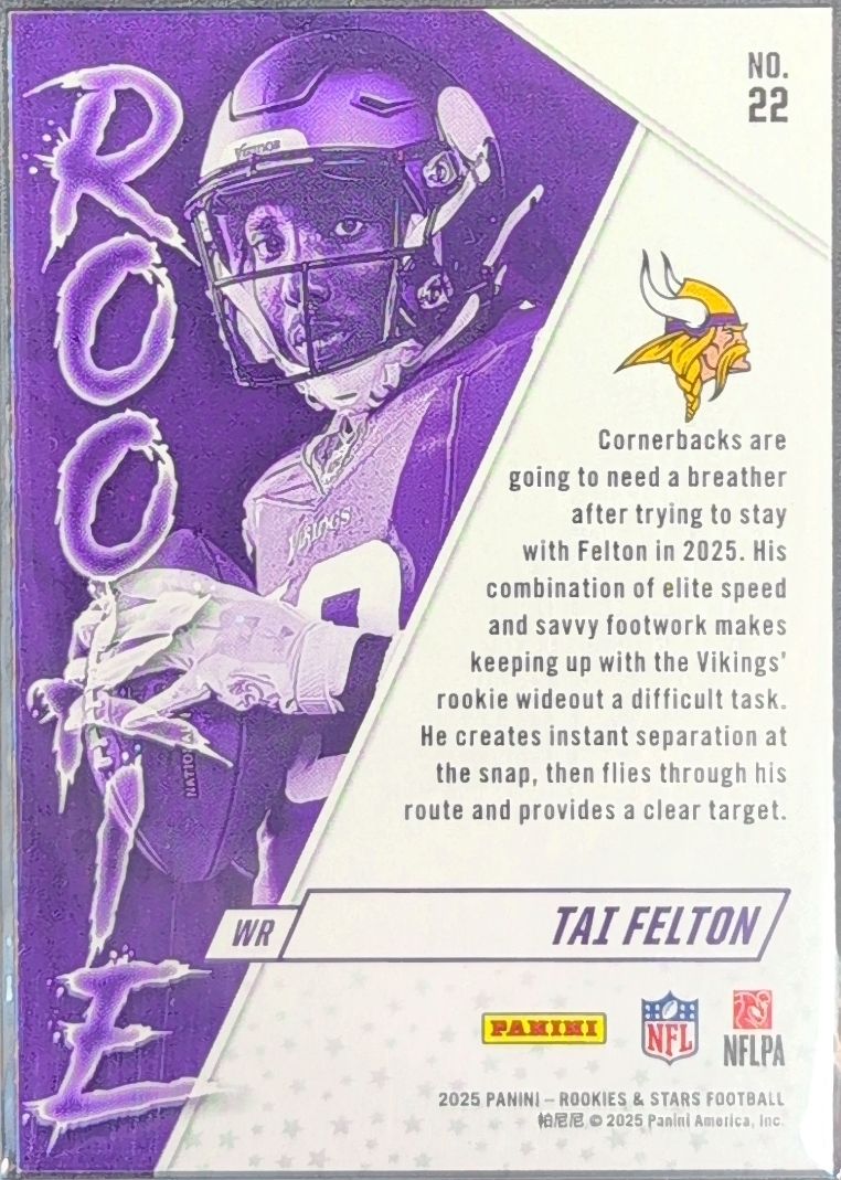 2025 Panini Rookies & Stars Tai Felton #22 Rookie Exclusive Minnesota Vikings back