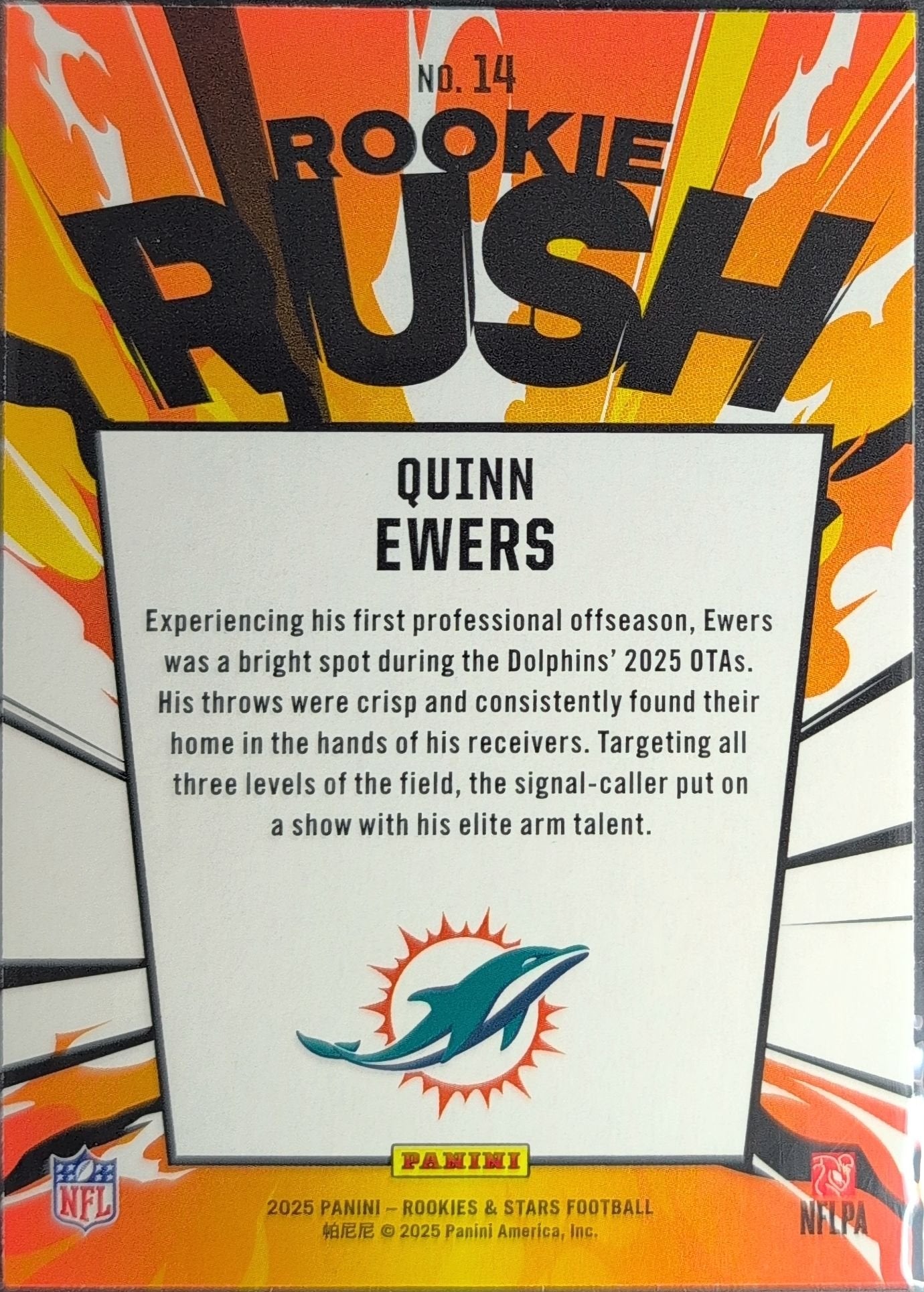 Quinn Ewers 2025 Panini Rookies & Stars #14 Rookie Rush Miami Dolphins - back image
