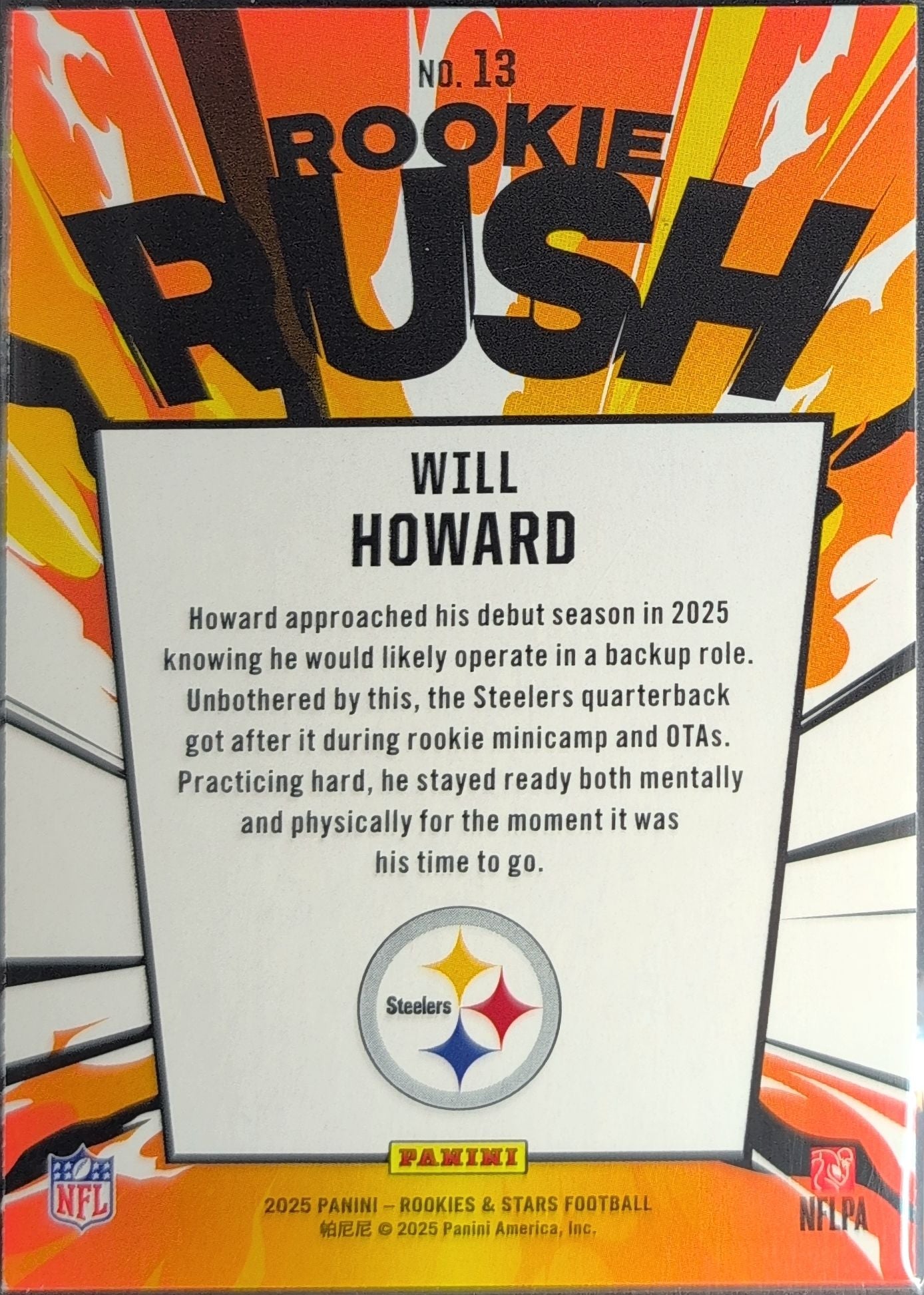 2025 Panini Rookies & Stars Will Howard #13 Rookie Rush Pittsburgh Steelers back