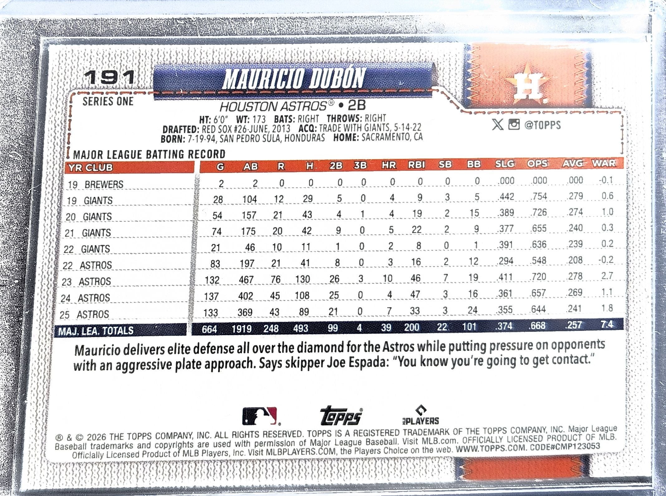 2026 Topps Mauricio Dubón #191 Sandglitter Houston Astros back