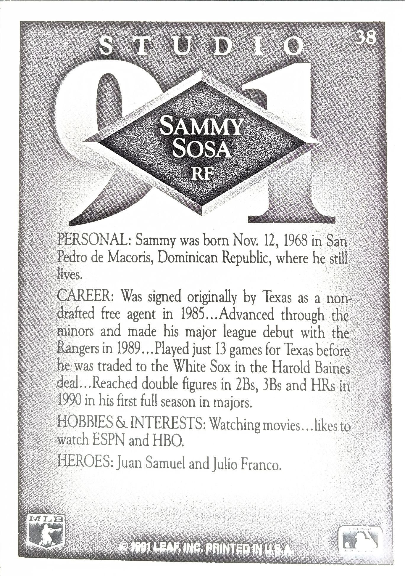Sammy Sosa 1991 Studio #38 Chicago White Sox - back image