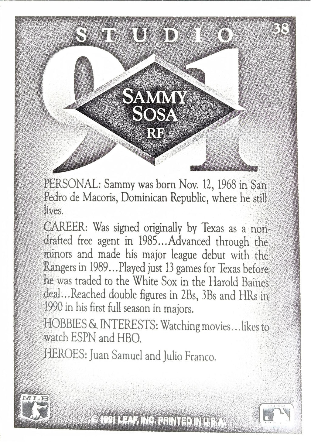 1991 Studio Sammy Sosa #38 Chicago White Sox back