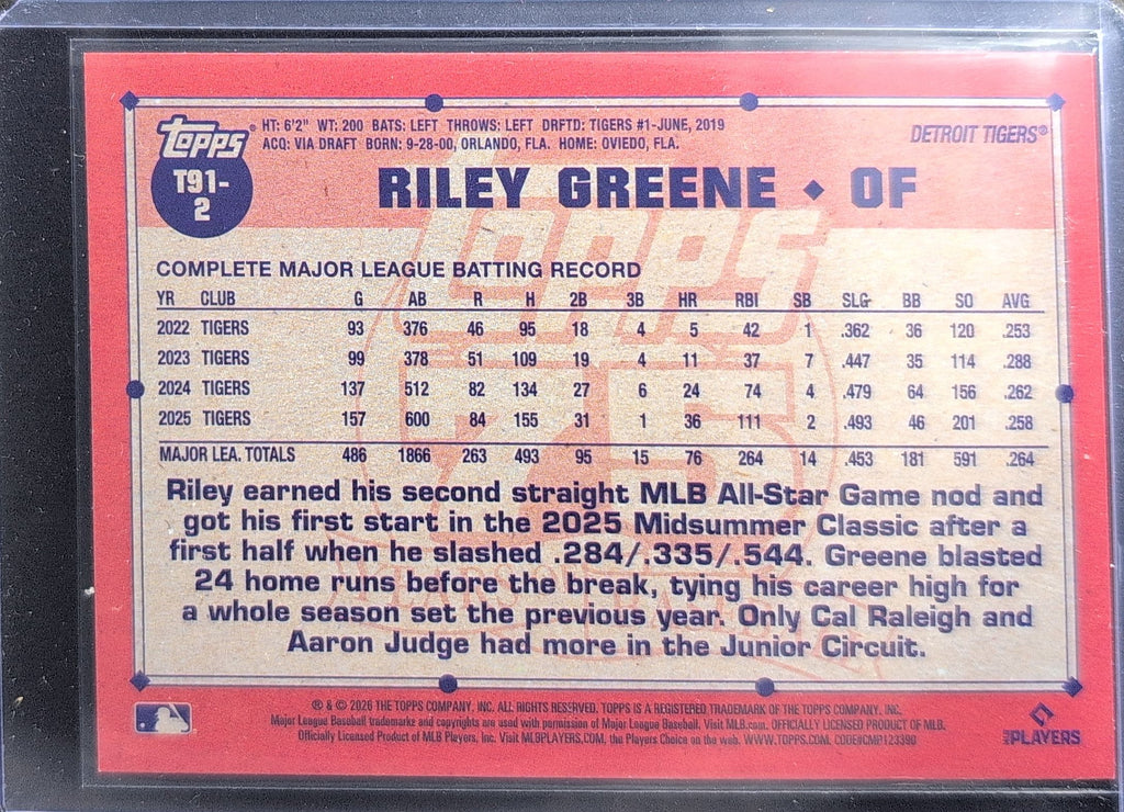 2026 Topps Riley Greene #T91-2 1991 Topps Baseball 35th Anniversary (Series One) Detroit Tigers back