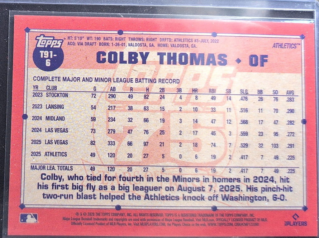 2026 Topps Colby Thomas #T91-6 1991 Topps Baseball 35th Anniversary (Series One) Athletics back