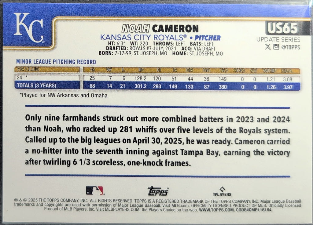 2025 Topps Update Noah Cameron #US65 Gold SN,RC Kansas City Royals back