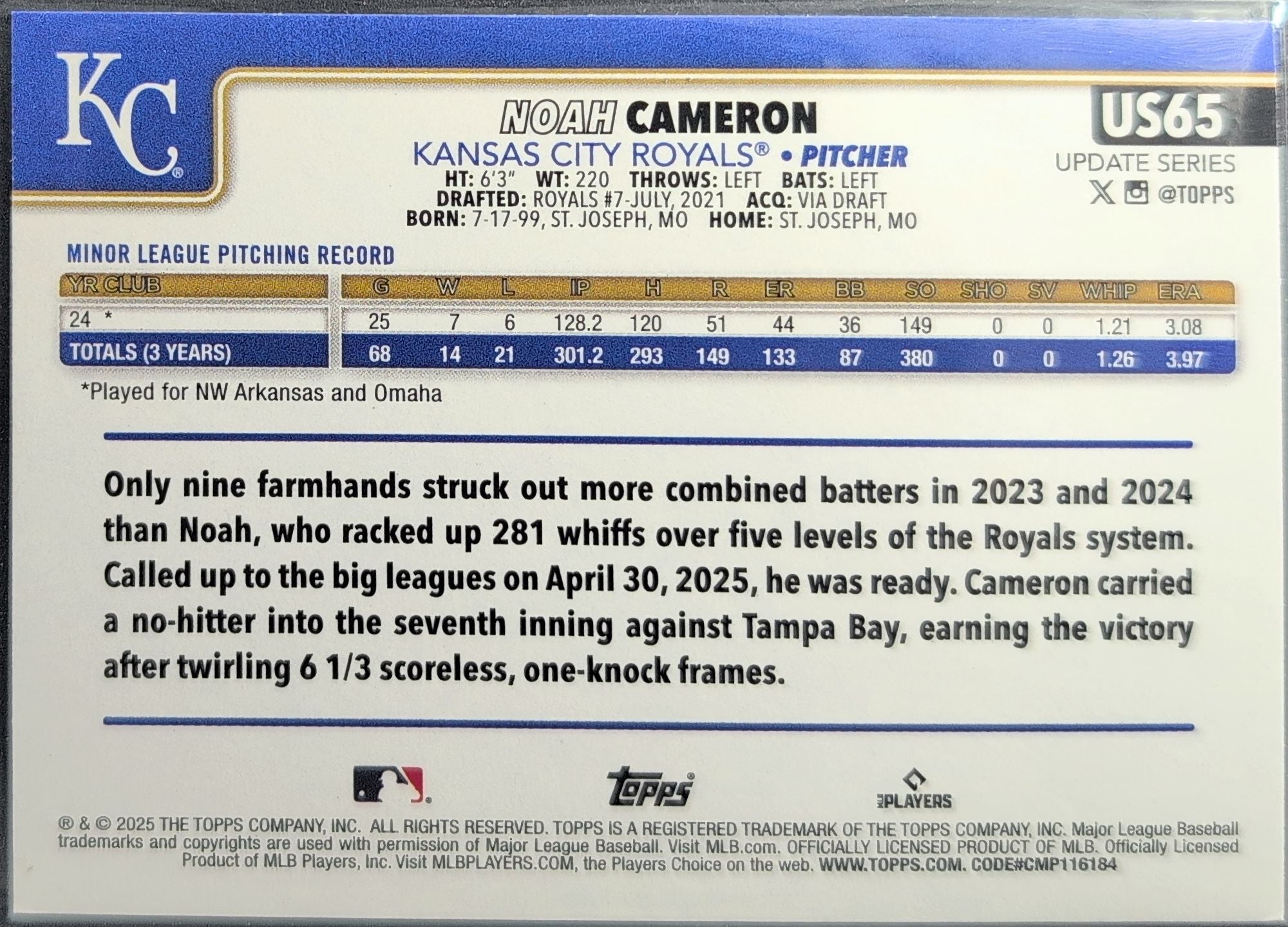 Noah Cameron 2025 Topps Update #US65 Gold Rookie Kansas City Royals #/2025
