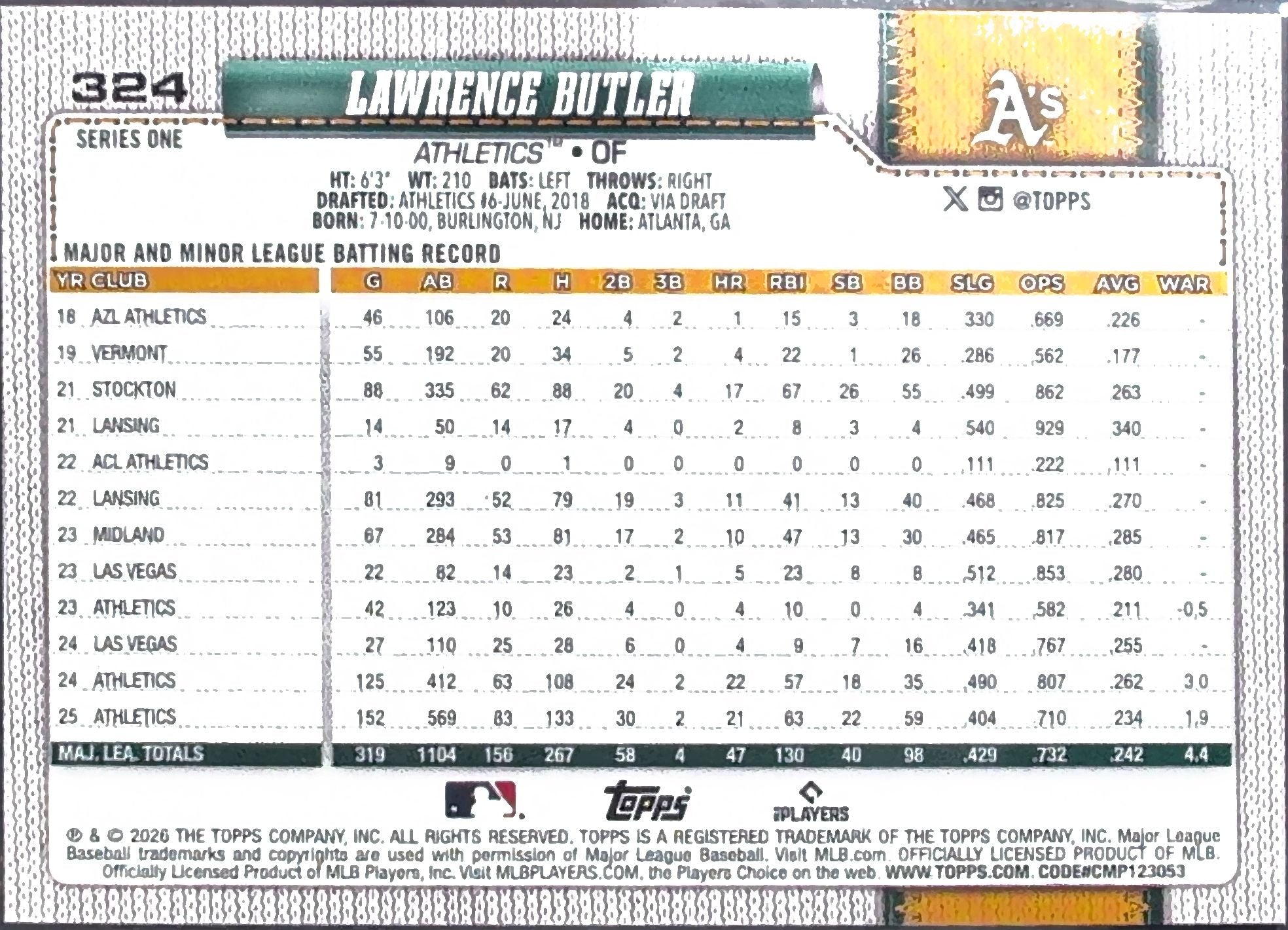 2026 Topps Lawrence Butler #324 Sandglitter Athletics back