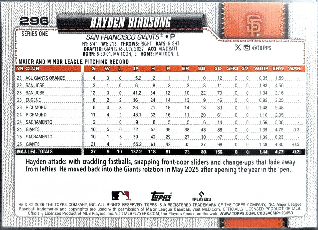 2026 Topps Hayden Birdsong #296 Sandglitter San Francisco Giants back