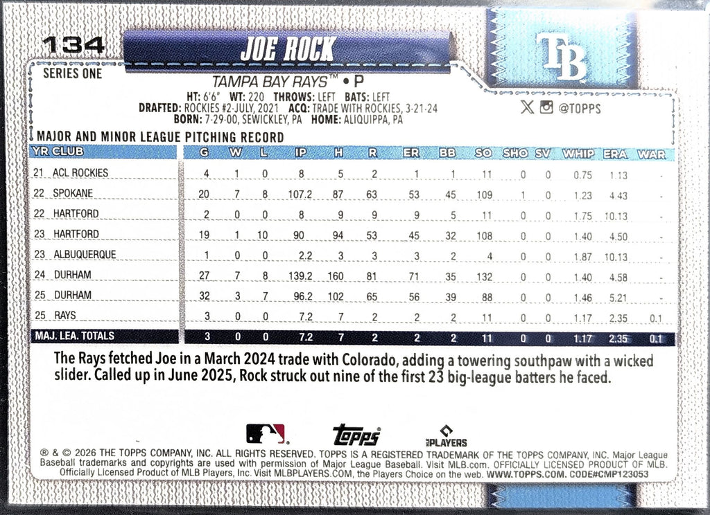 2026 Topps Joe Rock #134 Silver Crackle Foil RC Tampa Bay Rays back