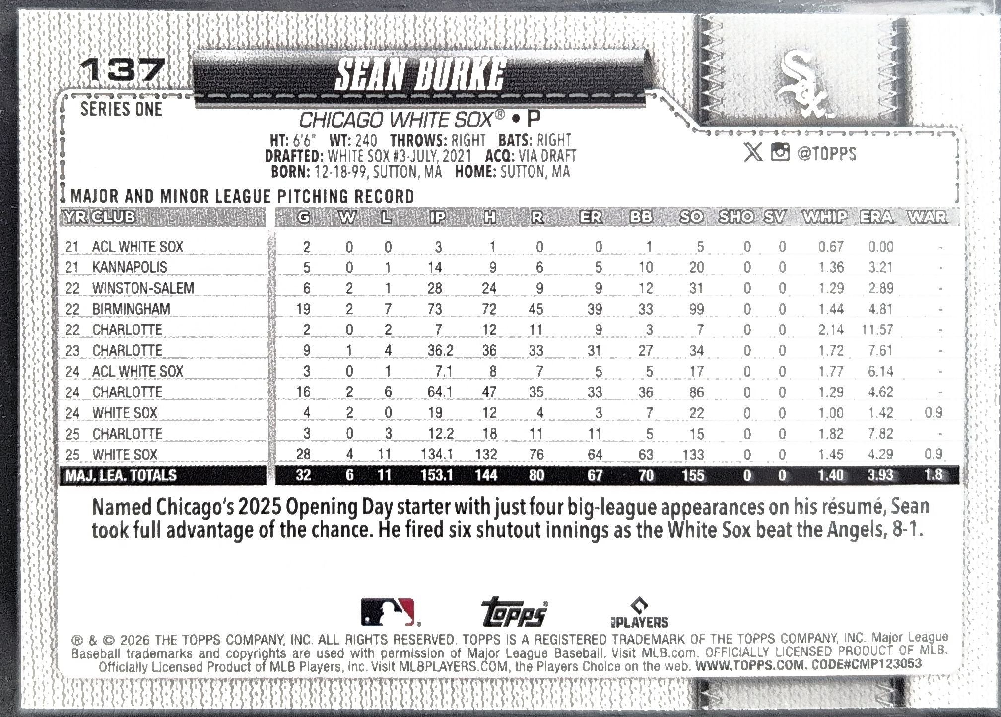 Sean Burke 2026 Topps #137 Chicago White Sox - back image