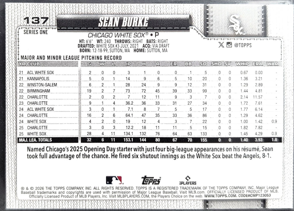2026 Topps Sean Burke #137 Chicago White Sox back